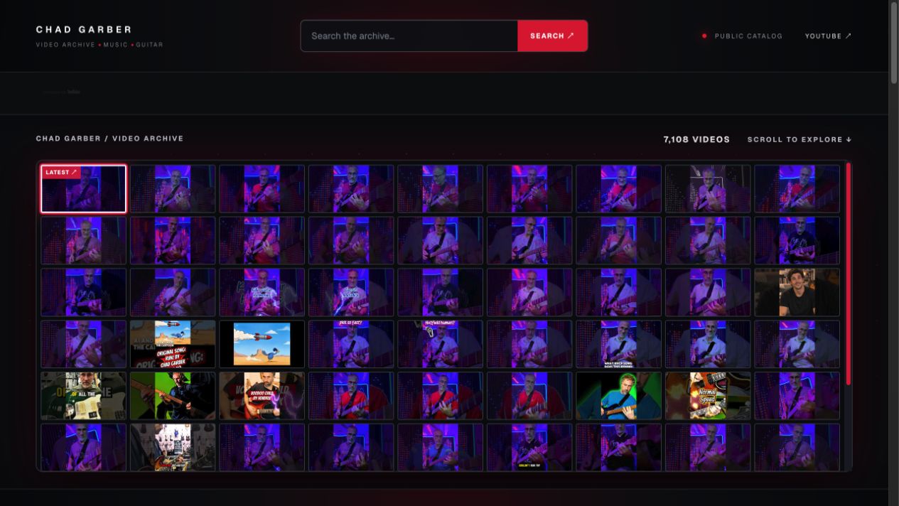 Chad Garber Video Catalog showing a searchable wall of YouTube video thumbnails